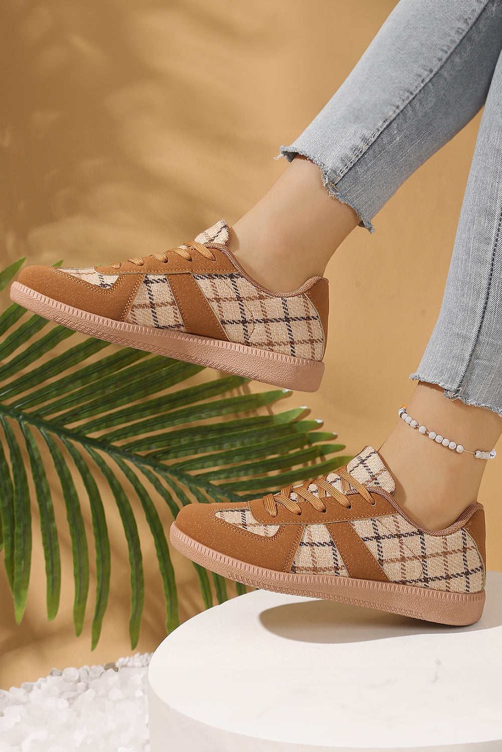 Mustard Retro Plaid Patchwork Lace Up Sneaker