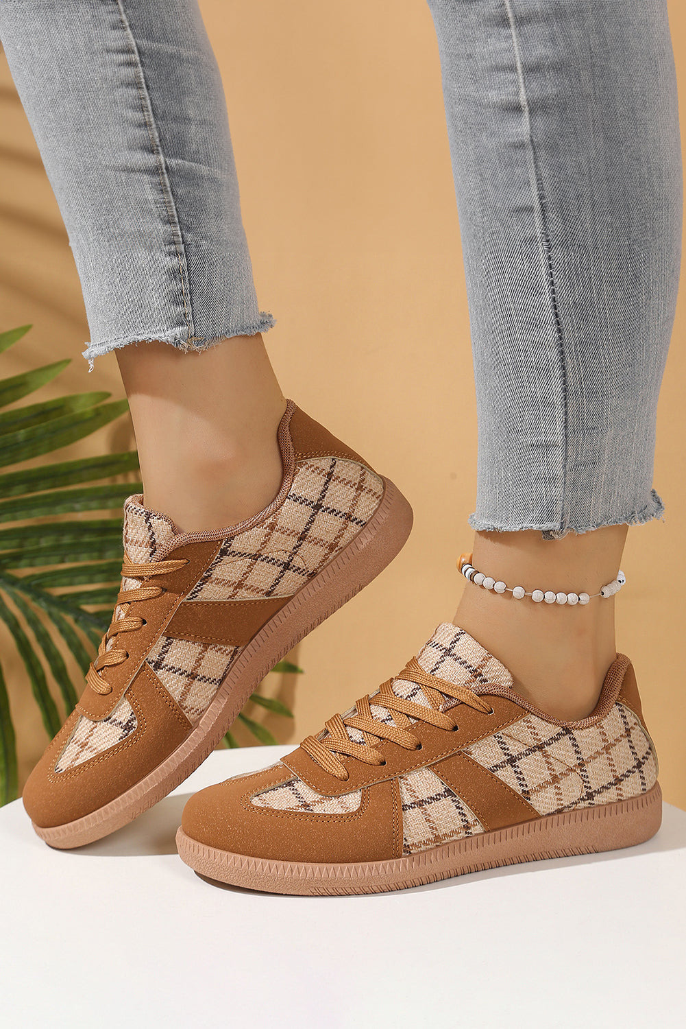 Mustard Retro Plaid Patchwork Lace Up Sneaker