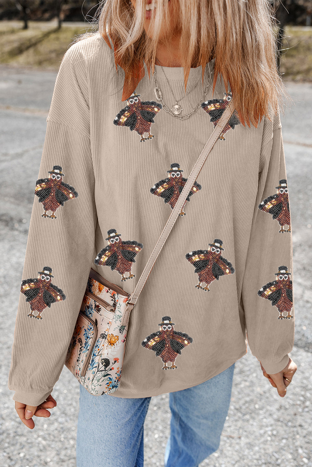 Smoke Gray Twisted Ribbed Turkey Graphic Sequins Patch Thanksgiving Baggy Sweatshirt
