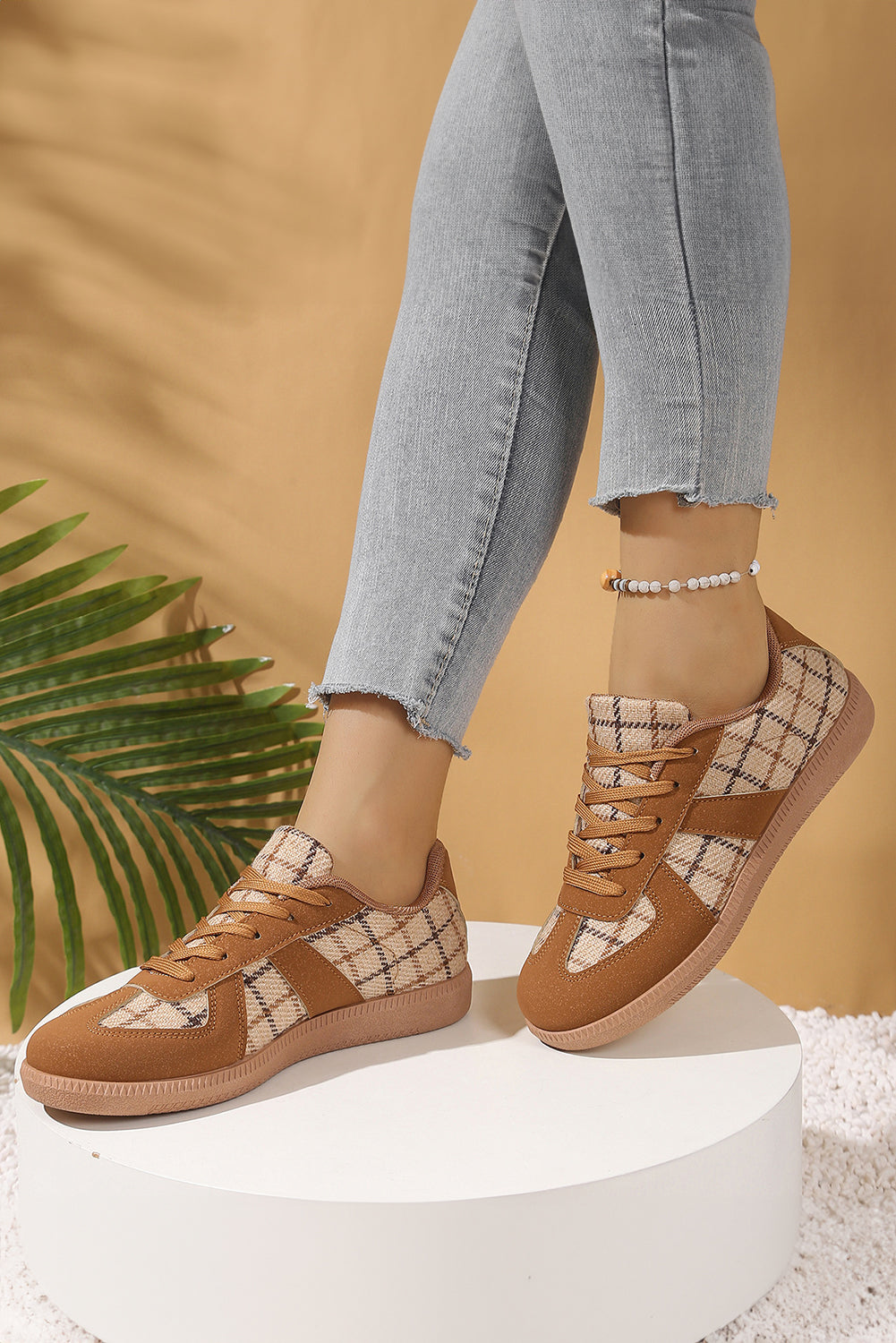 Mustard Retro Plaid Patchwork Lace Up Sneaker