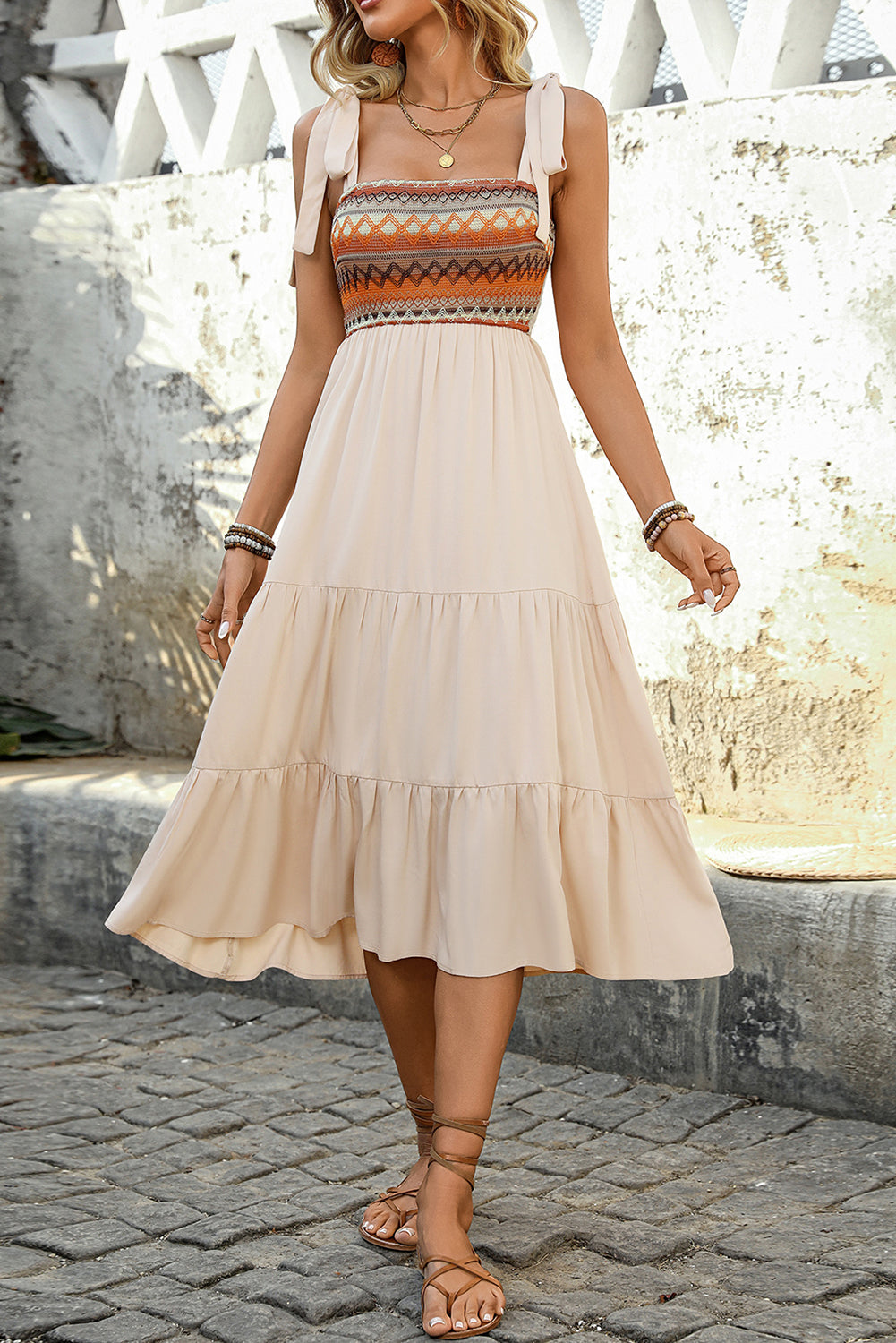 Jet Stream Ethnic Patchwork Knot Strap Midi Dress