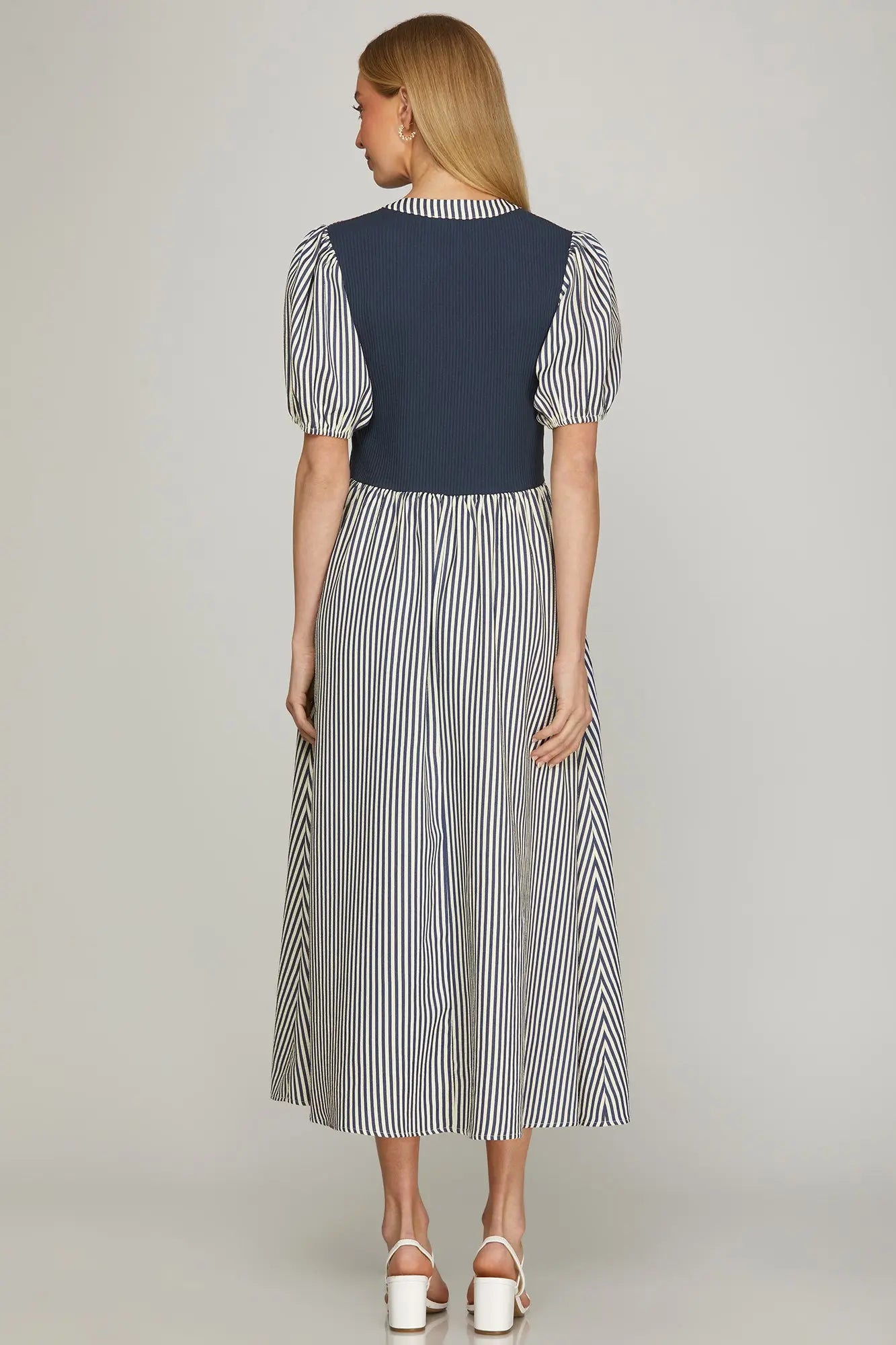 Short Sleeve Solid Knit Top and Striped Combo Midi Dress with Tie Detail and Pockets