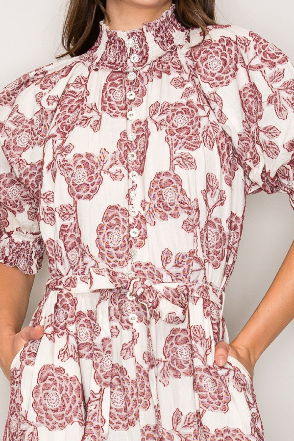 Puff Sleeve Wine Rhinestone Button Dress