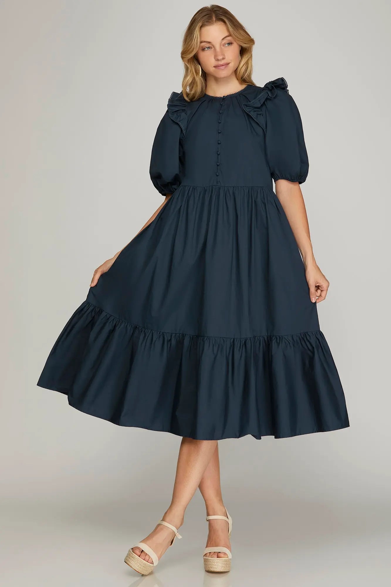Ruffle Sleeve Tiered Midi Dress Navy