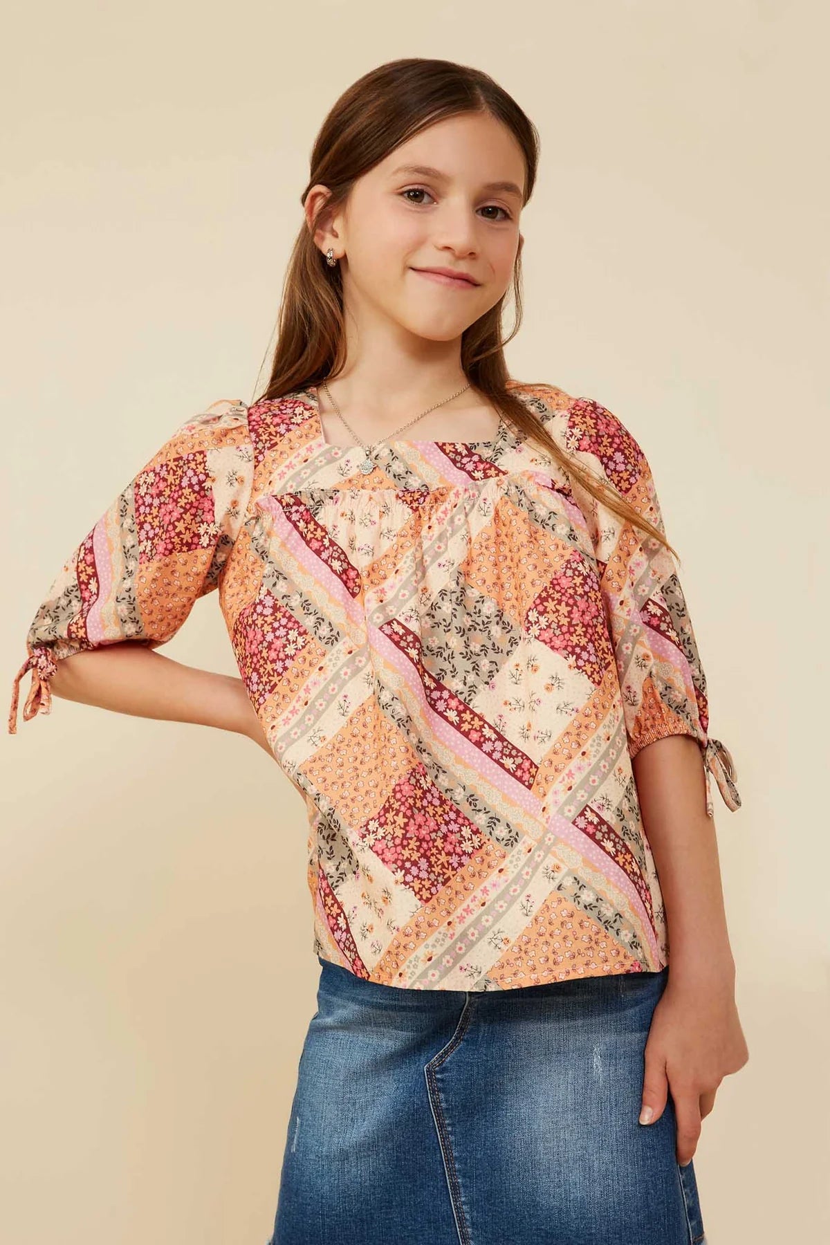 Hayden Girls Quilt Print Square Neck Shirt