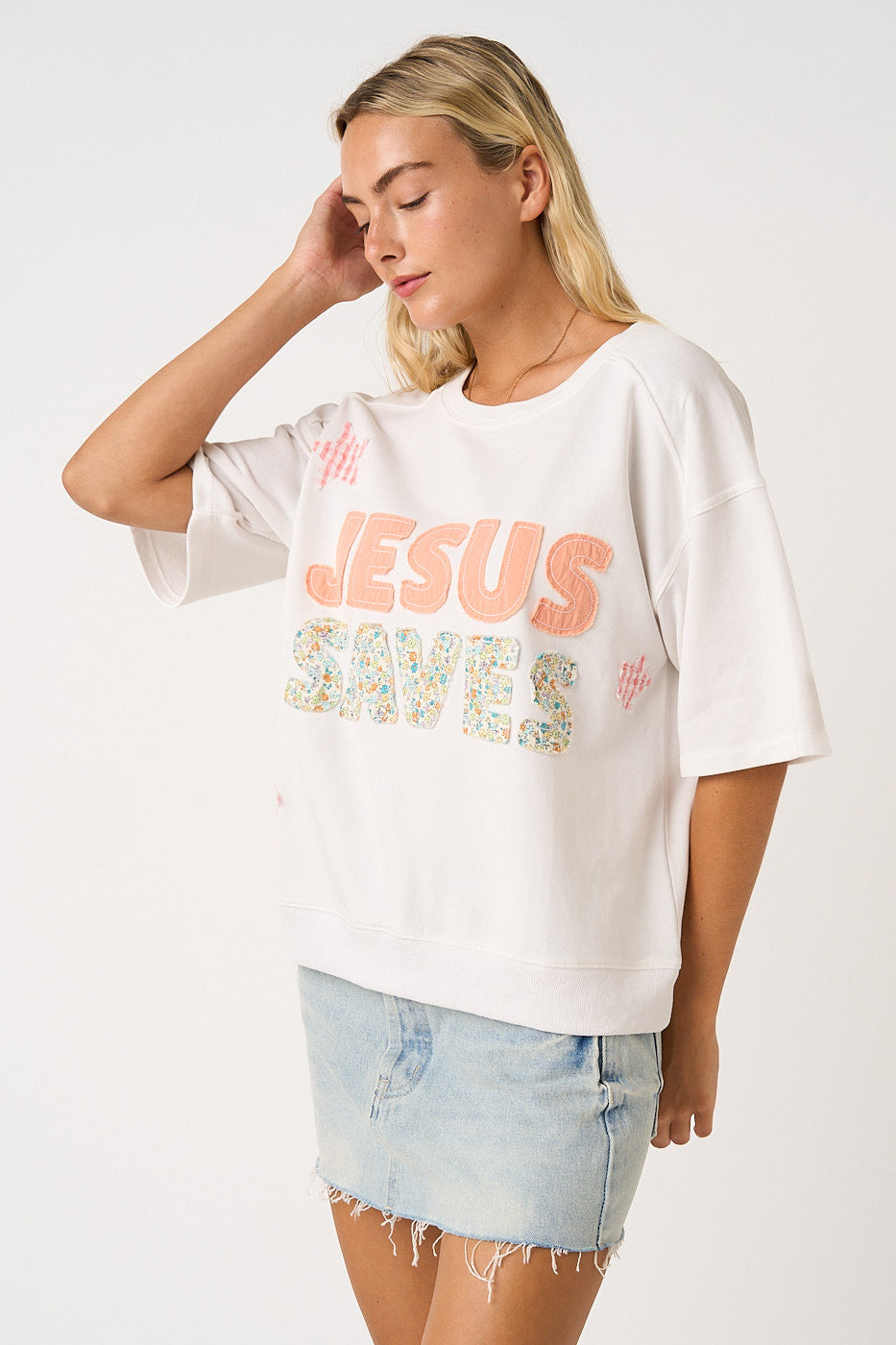 Jesus Saves Patchwork Short Sleeve Top