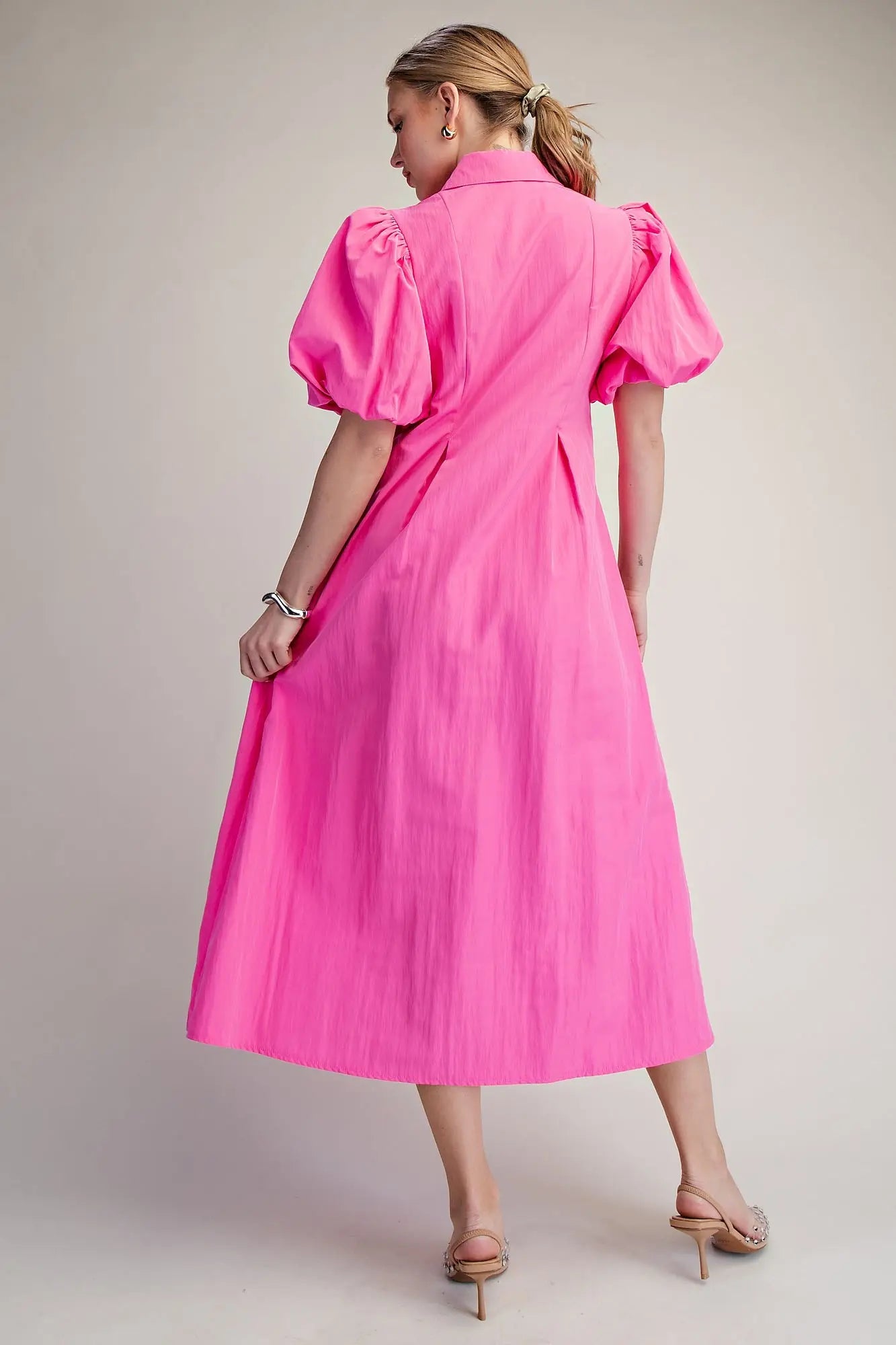 V Neck Puff Sleeve Pleated Midi Dress
