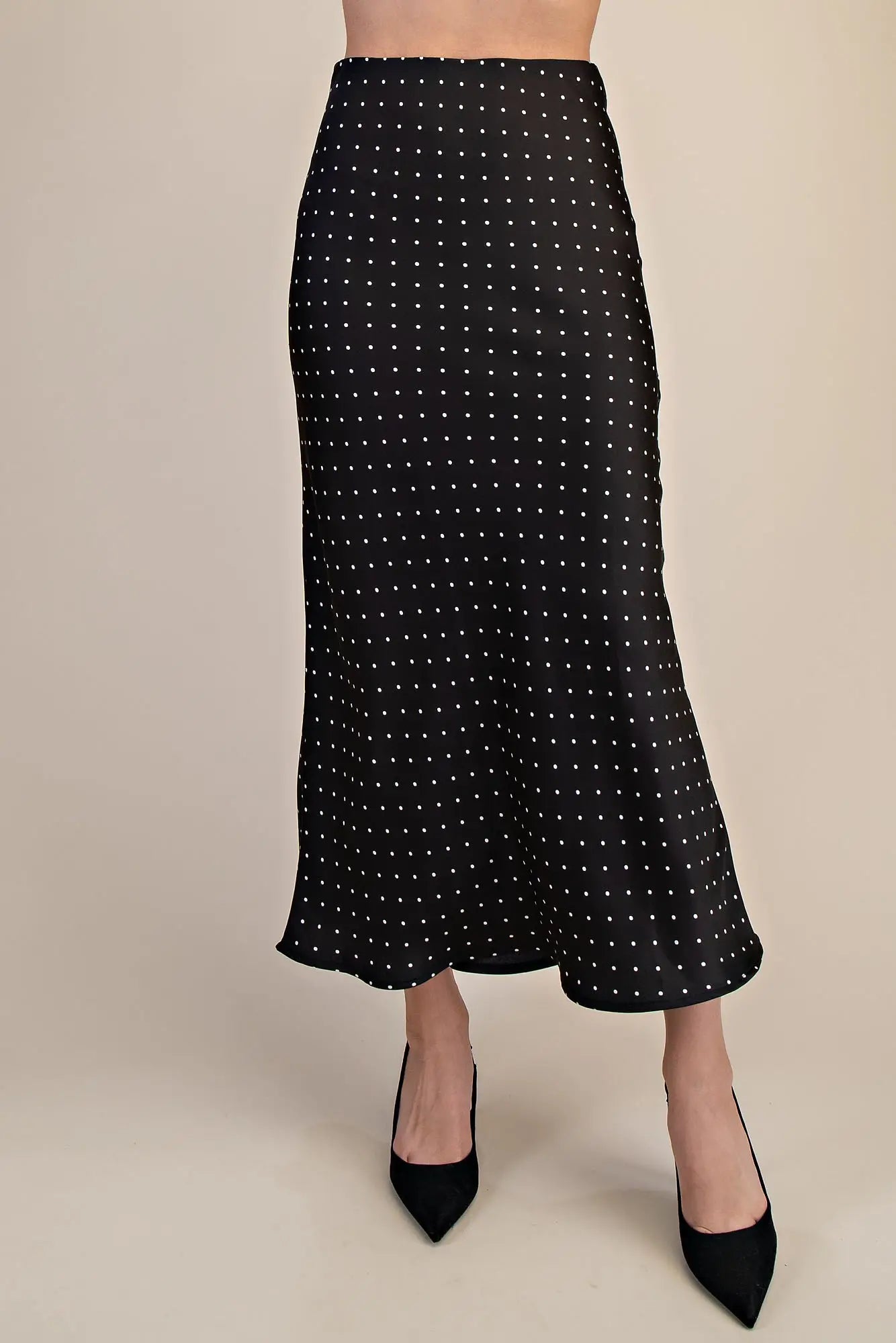 Black/White Polka Dot Elastic Waist Band Satin Midi Skirt