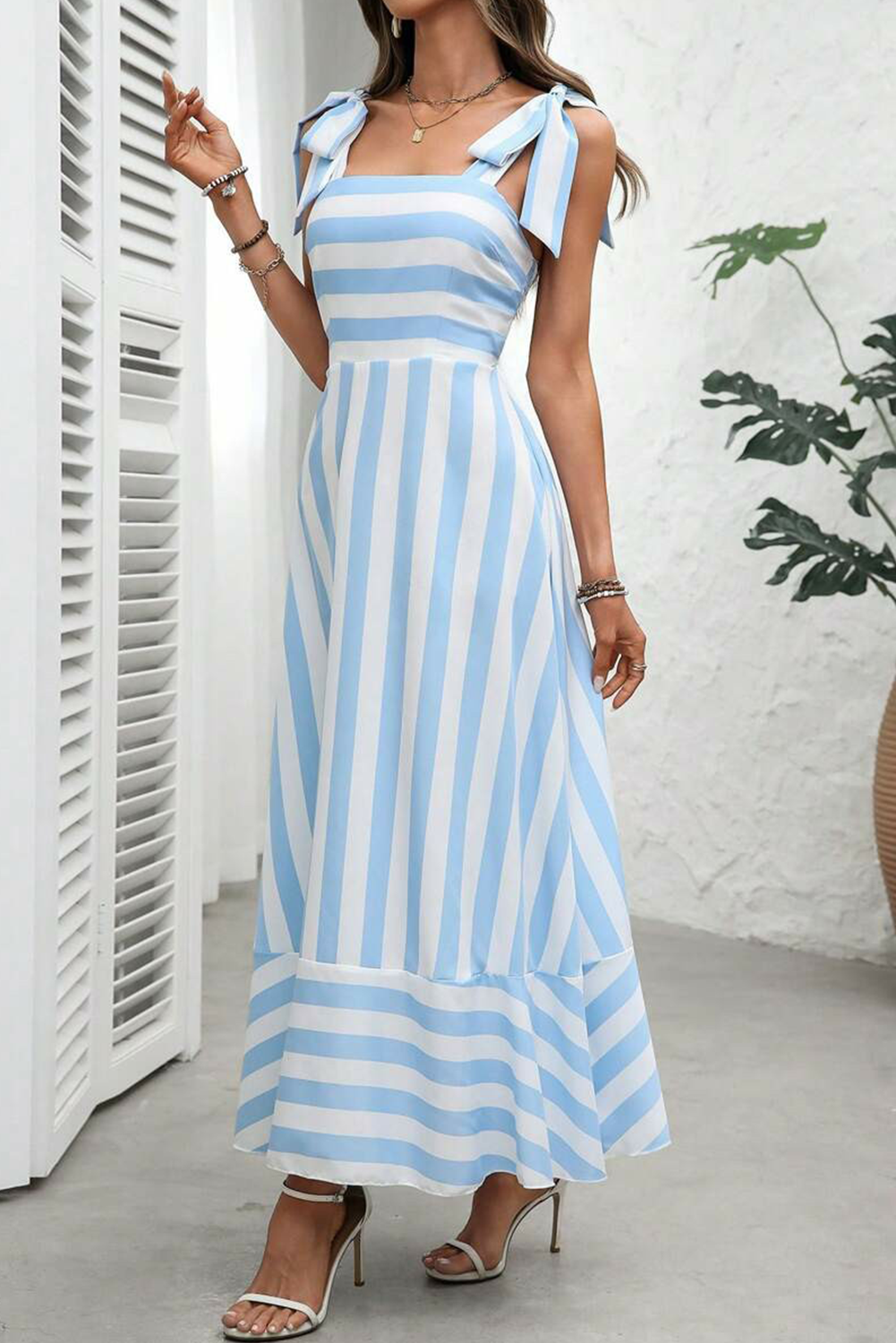 Sky Blue Stripe Knot Strap Maxi Dress