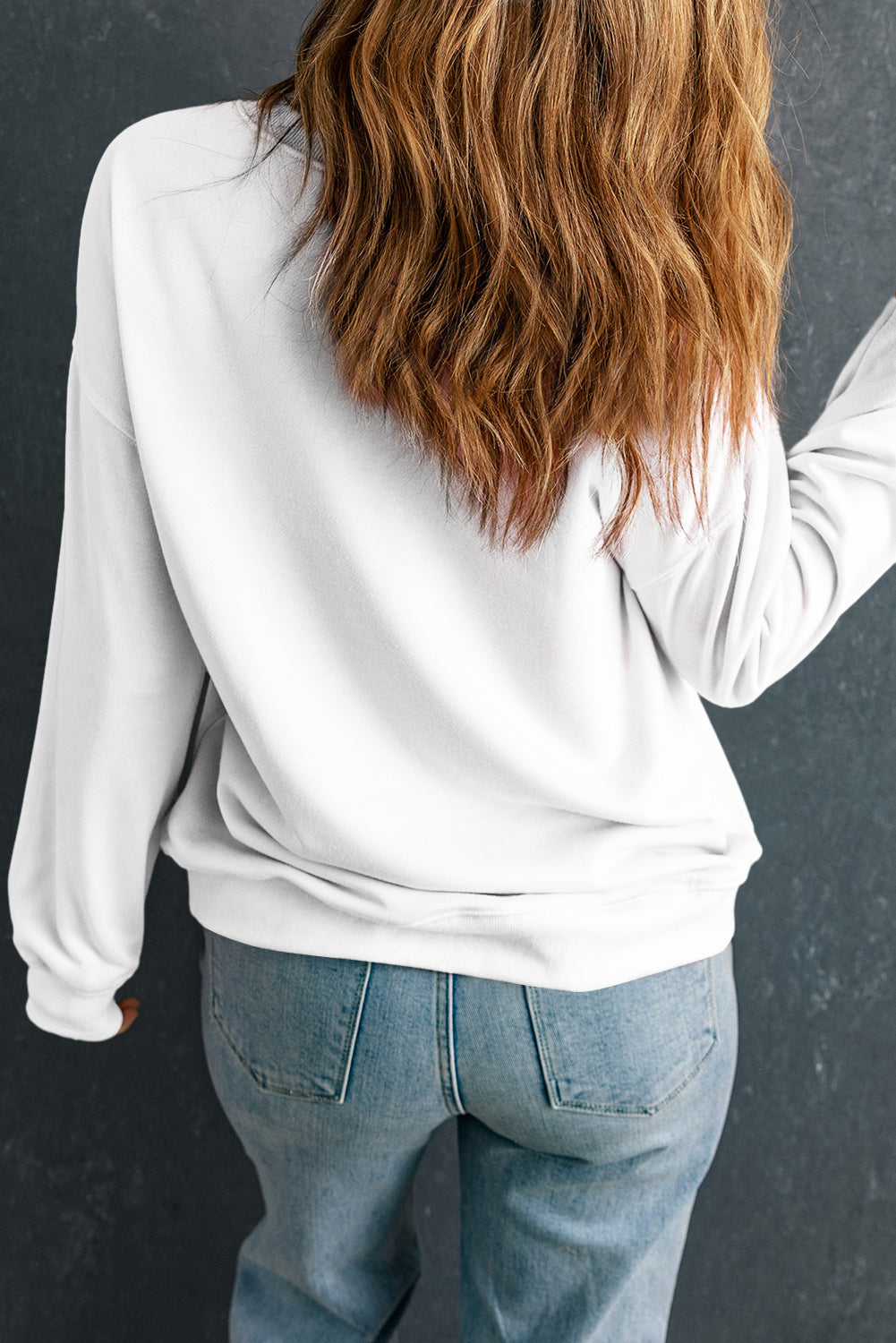 White Cute Turkey Fall Pumpkin Bow Heat Transfer Printing Drop Shoulder Sweatshirt
