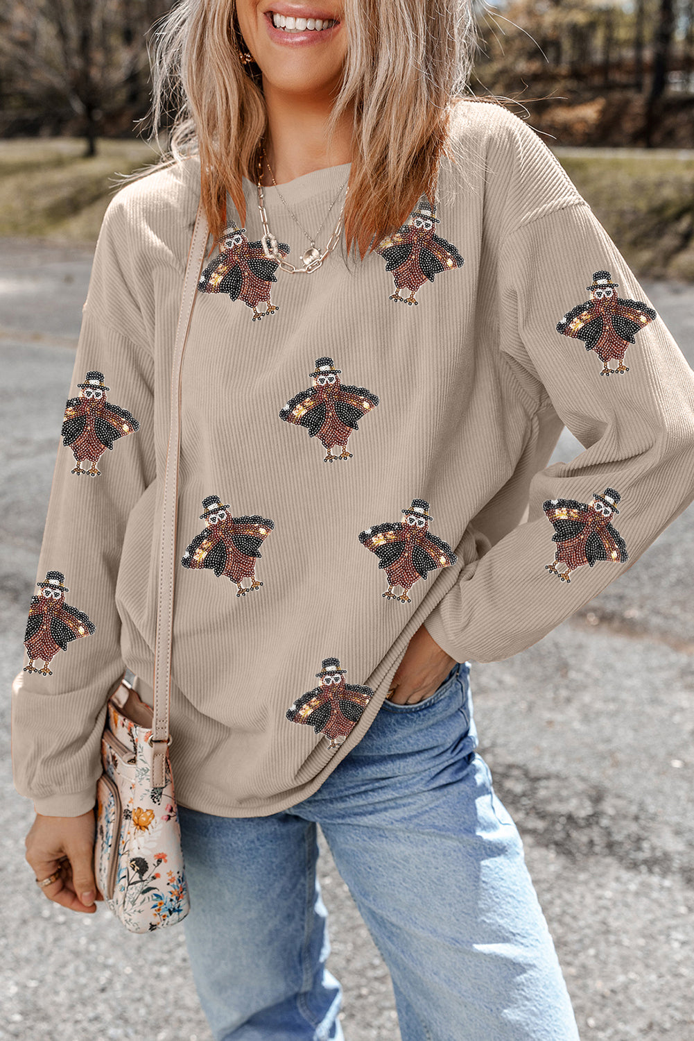 Smoke Gray Twisted Ribbed Turkey Graphic Sequins Patch Thanksgiving Baggy Sweatshirt