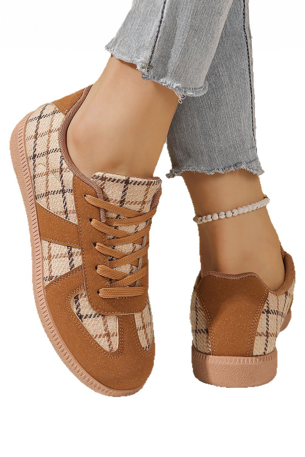 Mustard Retro Plaid Patchwork Lace Up Sneaker