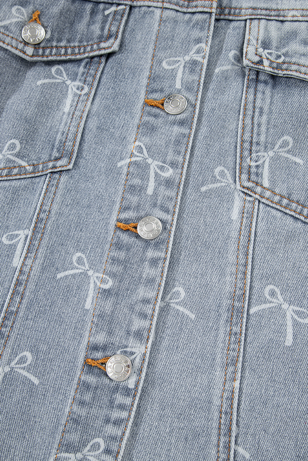Sky Blue Bow Knot Print Light Wash Raw Hem Denim Jacket