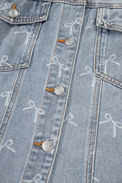 Sky Blue Bow Knot Print Light Wash Raw Hem Denim Jacket