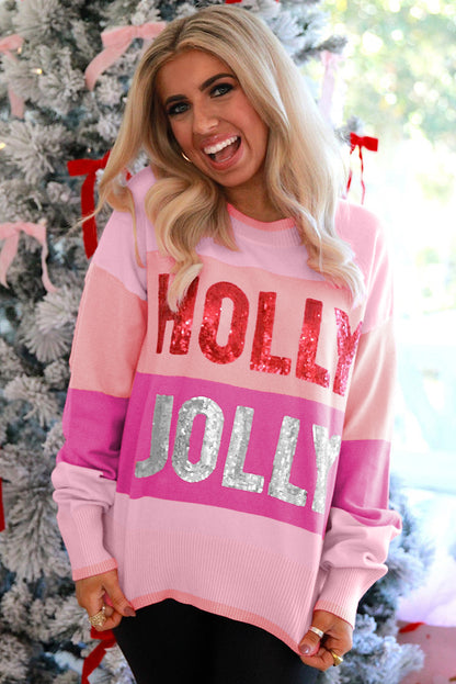 Pink HOLLY JOLLY Sequined Color Block Crew Neck Sweater