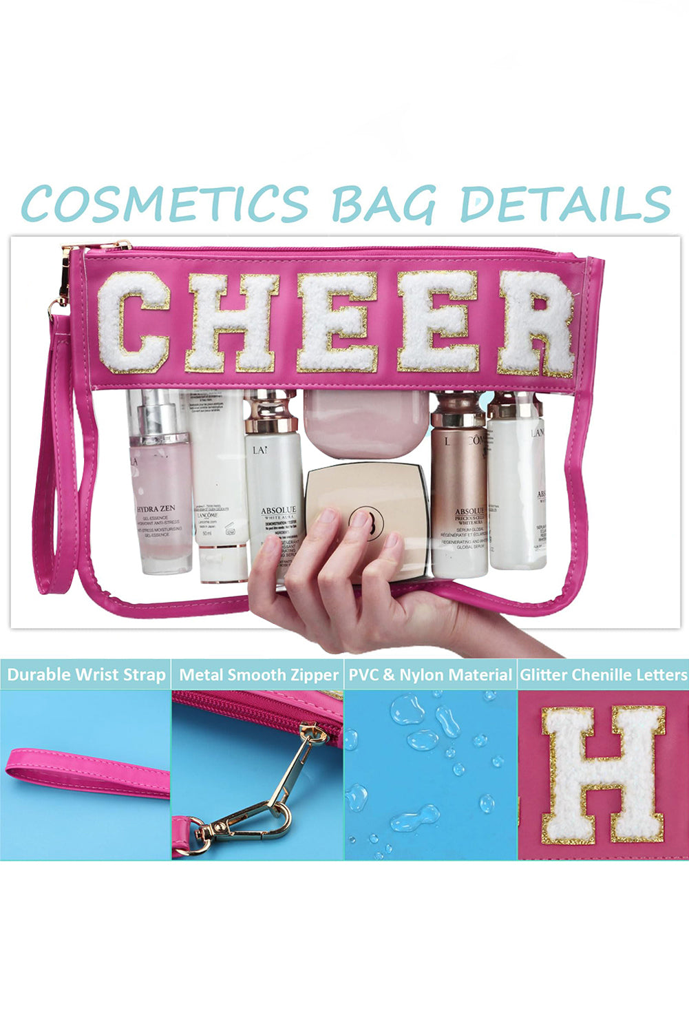 Black Dance Chenille Letter Zipper Varsity Clear Makeup Bag