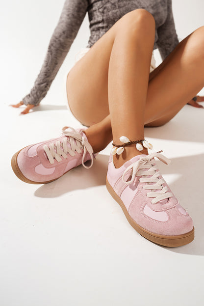 Pink Two Tone Suede Patched Lace Up Sneakers
