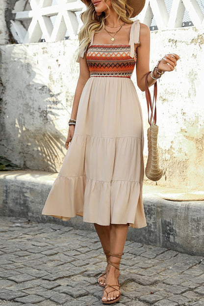 Jet Stream Ethnic Patchwork Knot Strap Midi Dress