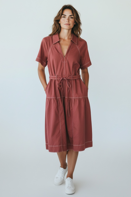 Brown/White Top Stitch Poplin Dress