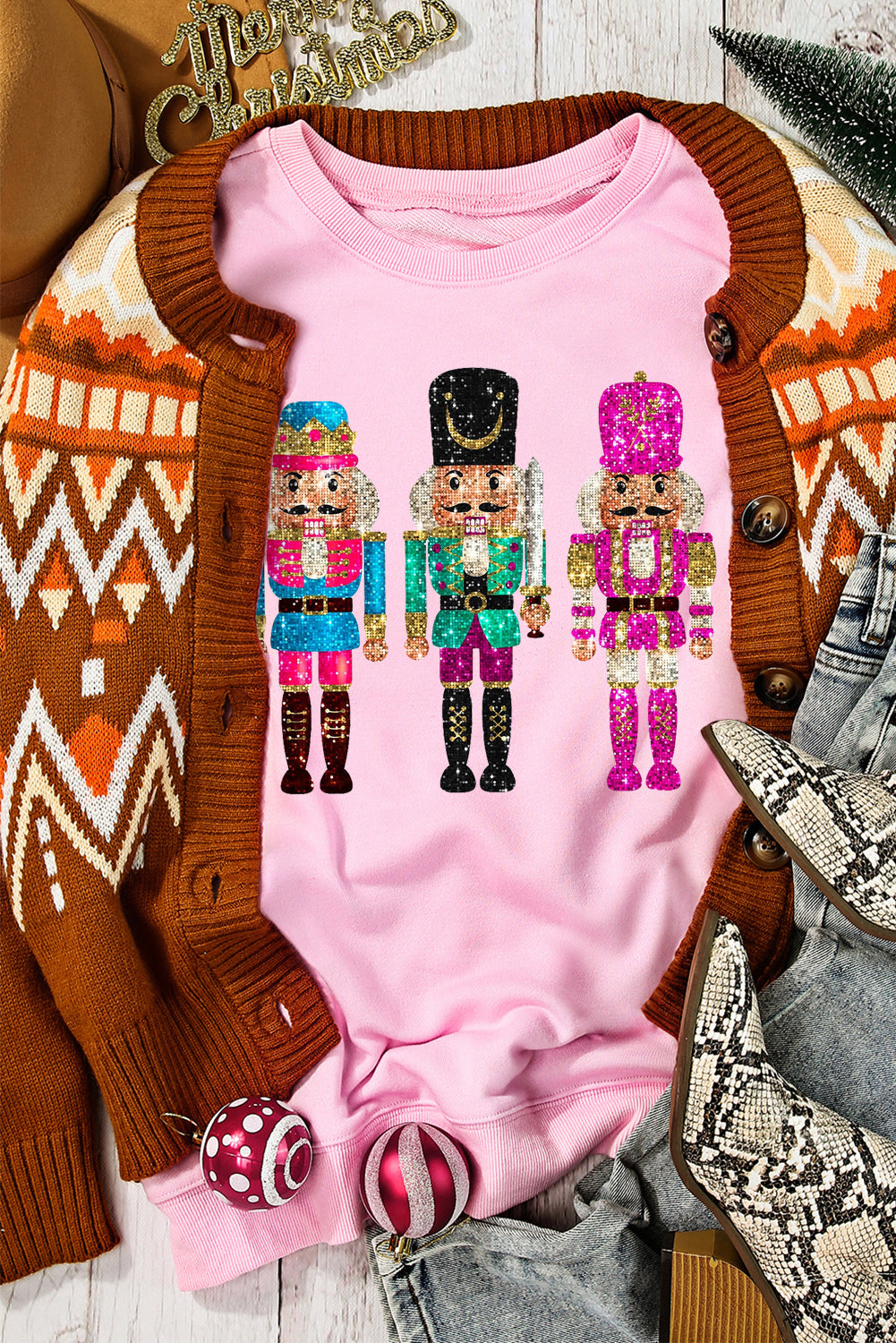 Pink Cute Nutcracker Heat Transfer Printing Graphic Drop Shoulder Christmas Sweatshirt