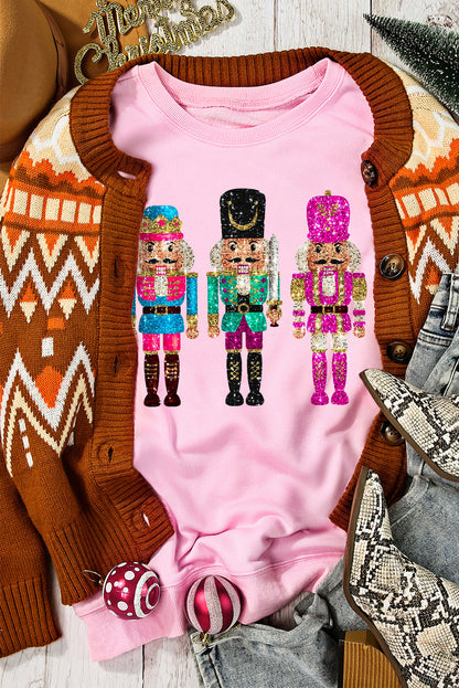 Pink Cute Nutcracker Heat Transfer Printing Graphic Drop Shoulder Christmas Sweatshirt