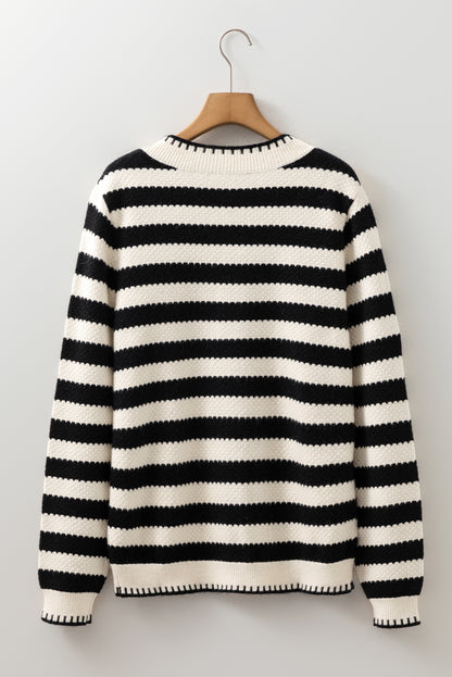 Black Stripe Chic Golden Button Cardigan Sweater