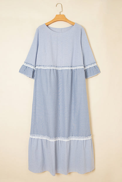 Sky Blue Crisscross Lace Detail Mixed Striped Patchwork Plus Size Dress