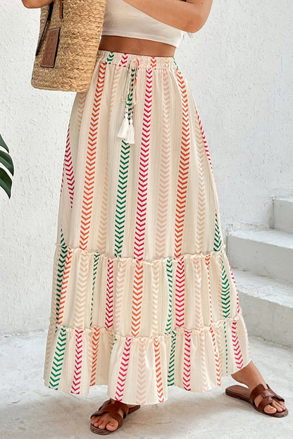 Multicolour Stripe Boho Tassel Tie Waist Tiered Maxi Skirt