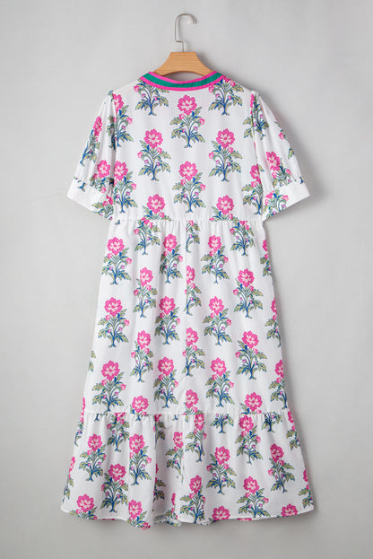 White Allover Print Contrast Split Neckline Short Puff Sleeve Curvy Dress