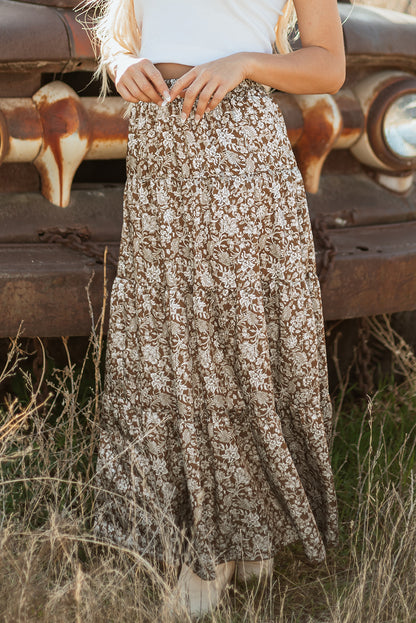 Brown Western Floral Print Ruffled Hem High Waist Loose Maxi Skirt