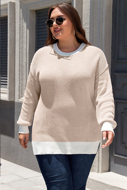 Brown Stripe Plus Size Contrast Trim Crew Neck Rib Knit Drop Shoulder Sweater