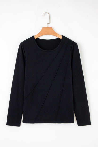 Black Asymmetric Seam Detail Solid Color Long Sleeve Top