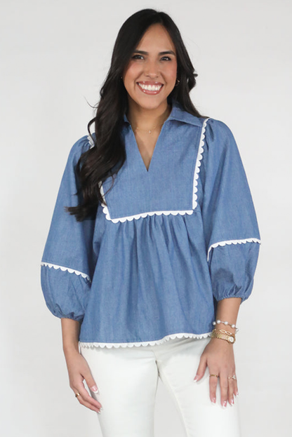 Dusk Blue Lace Ric Rac 3/4 Puff Sleeve Collared Babydoll Blouse