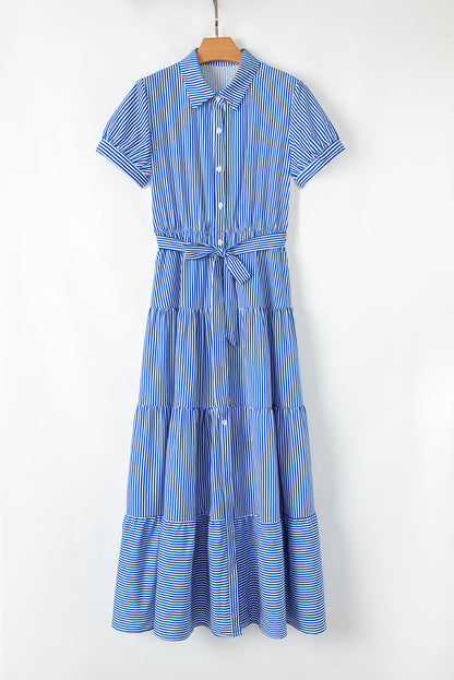Blue Striped Button Front Belted Shirt Collar Maxi Dress