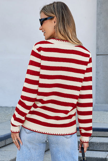 Red Stripe Chic Golden Button Cardigan Sweater