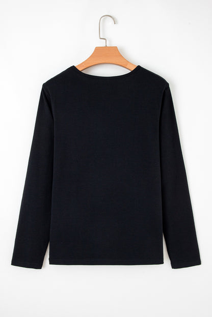 Black Asymmetric Seam Detail Solid Color Long Sleeve Top
