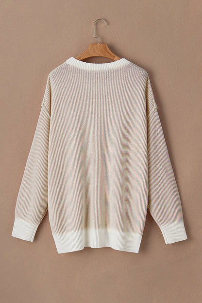 Brown Stripe Plus Size Contrast Trim Crew Neck Rib Knit Drop Shoulder Sweater