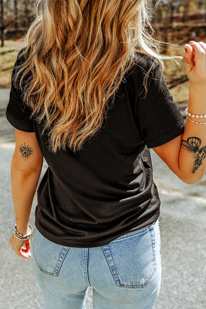 Black Sequin Bow Pumpkin Patched Cotton Blend T Shirt