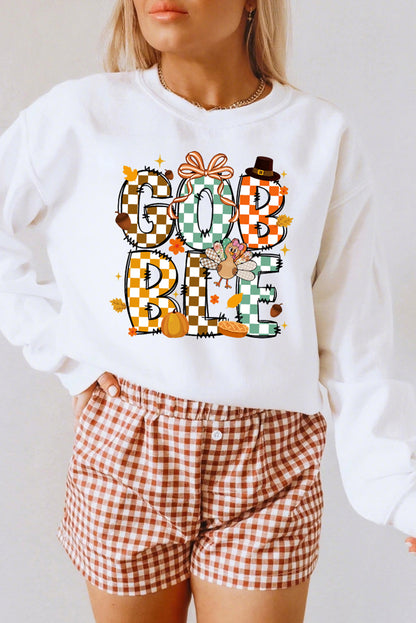 White GOBBLE Checkered Letter Turkey Graphic Heat Transfer Printing Thanksgiving Sweatshirt