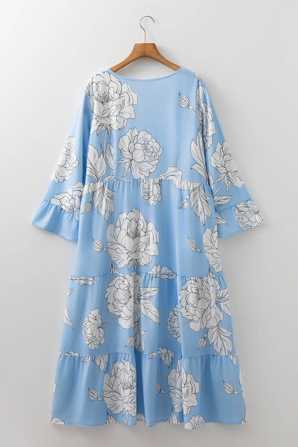 Sky Blue Floral Bracelet Sleeve V Neck Plus Size Tiered Maxi Dress