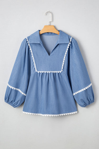 Dusk Blue Lace Ric Rac 3/4 Puff Sleeve Collared Babydoll Blouse