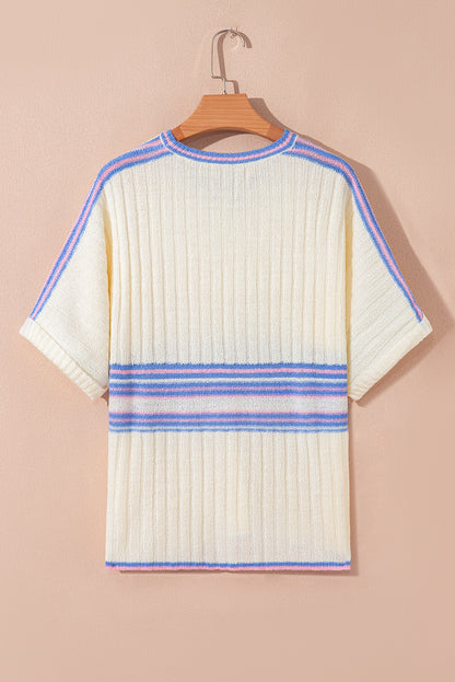 White Striped V Neck Dolman Sleeve Rib Knit Oversized Sweater with Slits