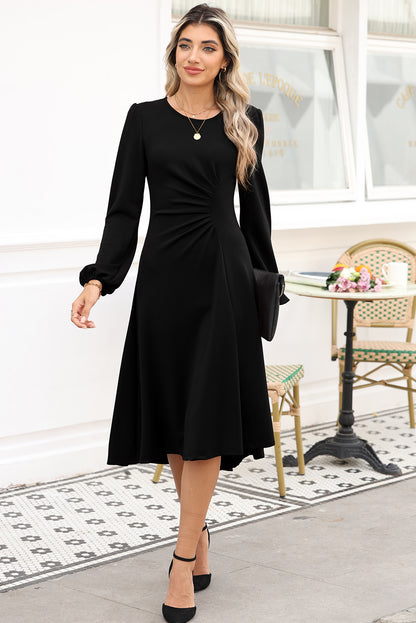 Black Solid Color Ruched Detail Long Sleeve Midi Dress