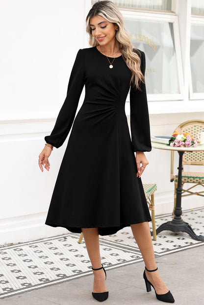Black Solid Color Ruched Detail Long Sleeve Midi Dress