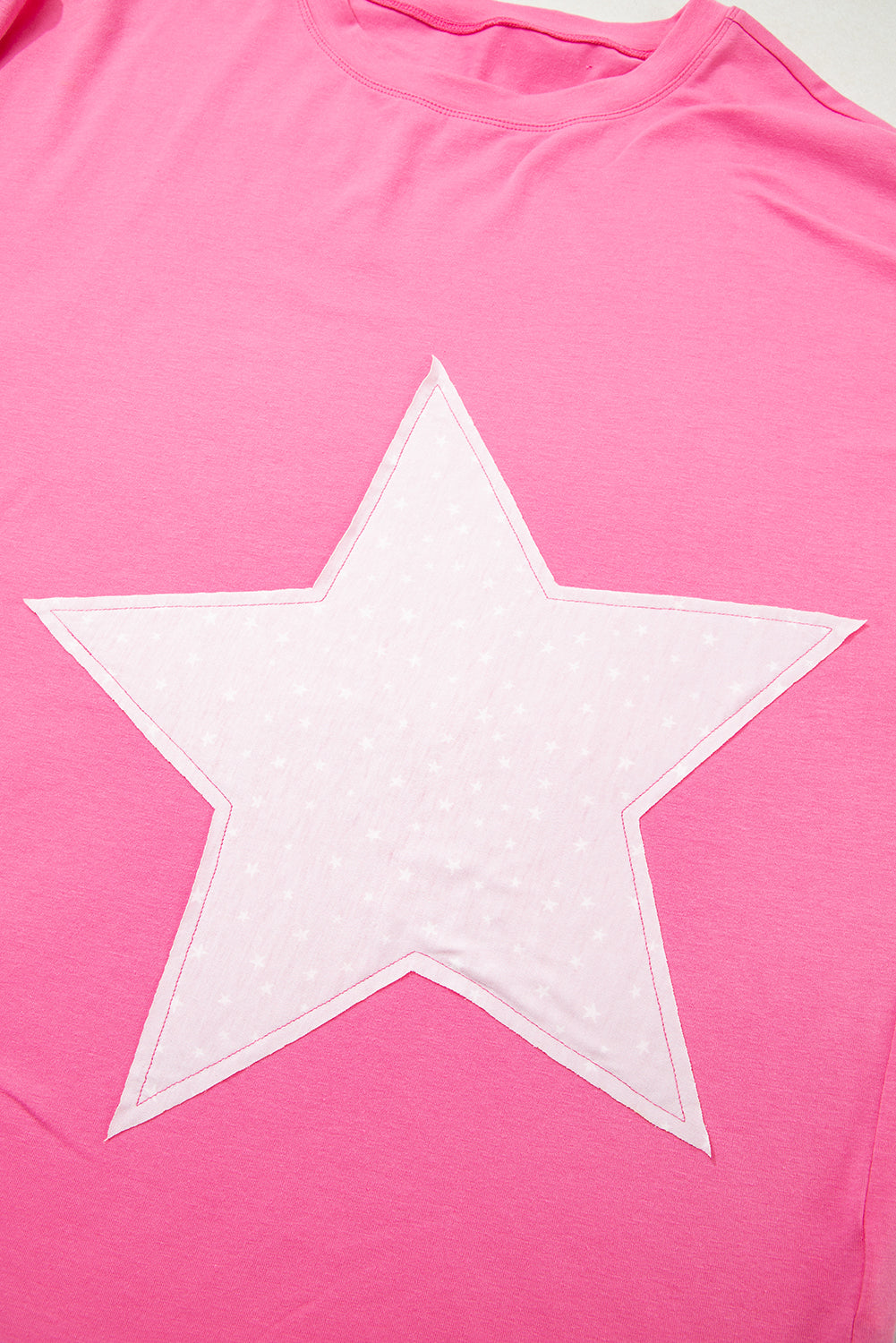 Pink Star Patched Colorblock Raw Edge Bracelet Sleeve Plus Size Loose Tee