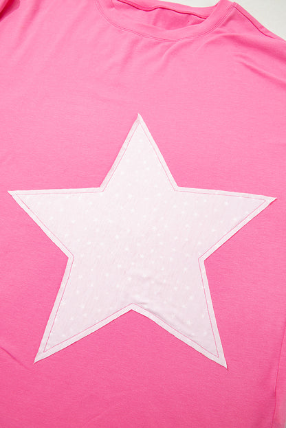 Pink Star Patched Colorblock Raw Edge Bracelet Sleeve Plus Size Loose Tee
