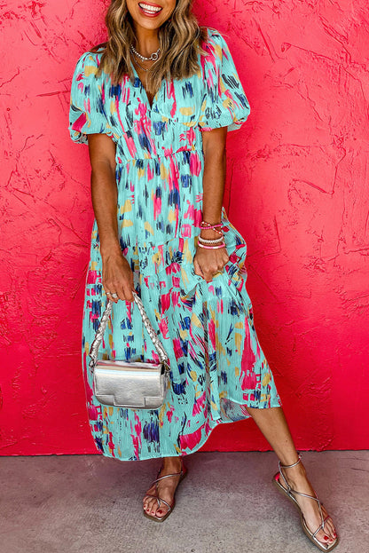 Sky Blue Abstract Print Short Puff Sleeve Tiered Maxi Dress