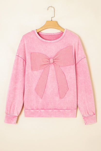 Bright Pink Mineral Wash Big Bow Patchwork Pullover Sweatshirt