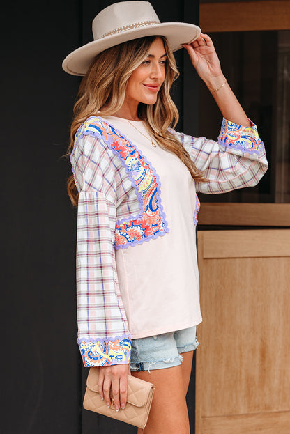 Delicacy Ricrac Trim Floral Plaid Patchwork Puff Sleeve Blouse