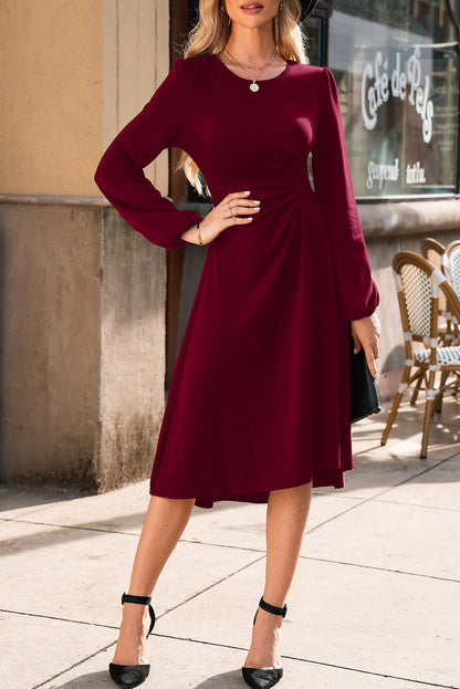 Burgundy Solid Color Ruched Detail Long Sleeve Midi Dress